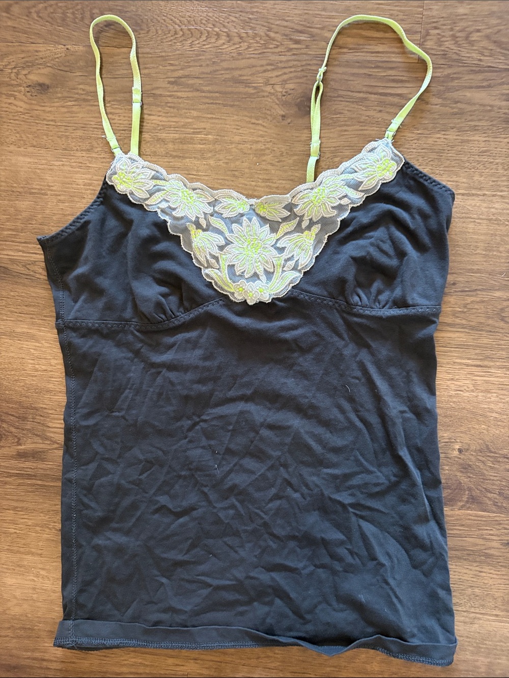 American Eagle Outfitters Black Camisole with Lime Floral Lace